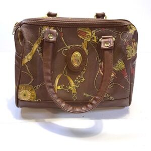 Vintage Sasson Brown Equestrian Chain Print Satchel Handbag Faux Leather 11 Inch